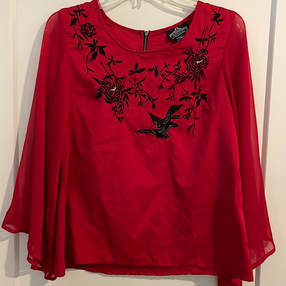 Silky Red Embroidered Long Sleeve Top with Flowy Mesh Sleeves